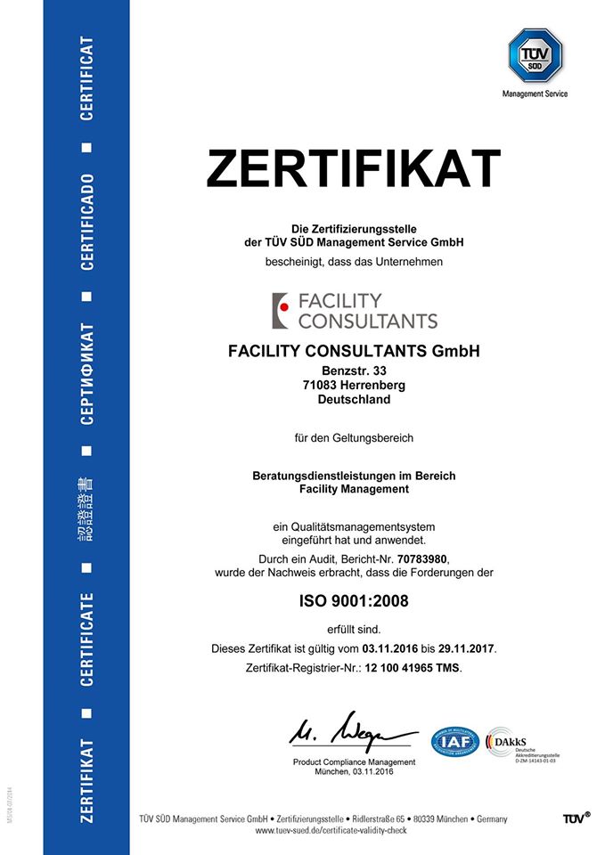 Zertifikat von TÜV Süd für Facility Consultants